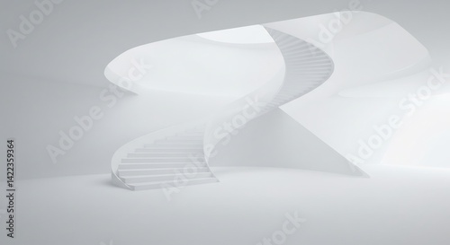 A modern, minimalist architectural design featuring a white, curved staircase that ascends gracefully towards the light. The structure exudes a sense of spaciousness, elegance.