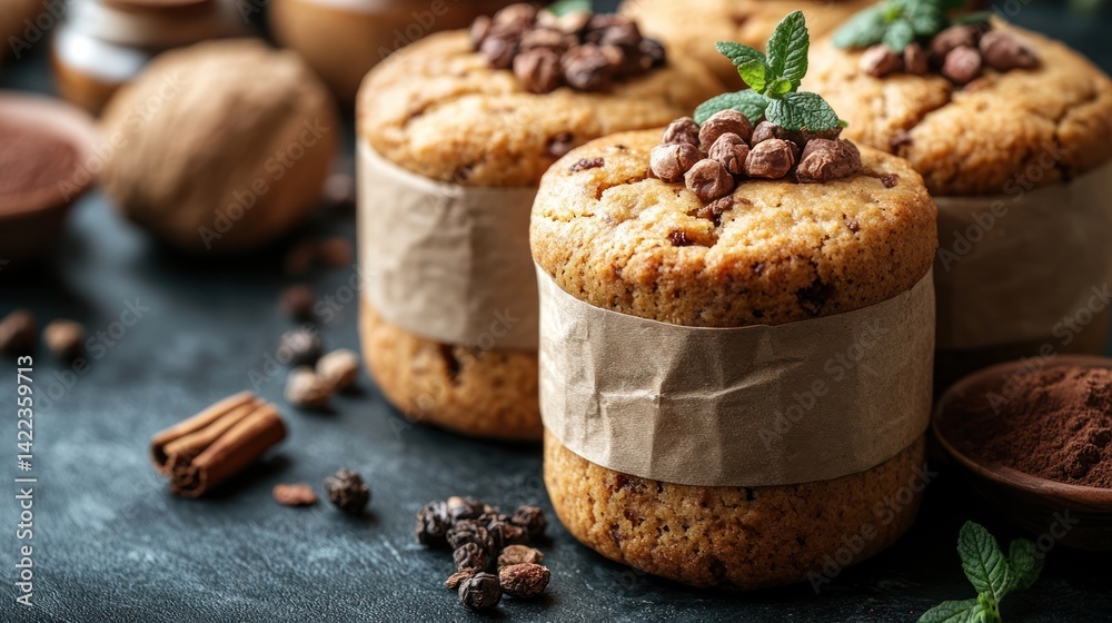 Delicious mini cakes with chocolate chips and mint garnish.