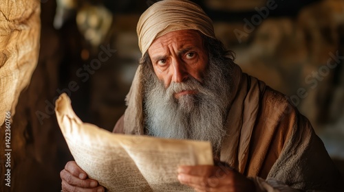 Ezra, a scribe and priest who restored Jewish law and traditions, attempts to read the scrolls in his hands.