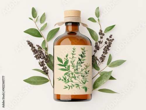 Herbal Oil in a Bottle with Fresh Fines Herbes and Liquid