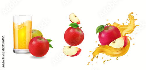 3d realistic transparent yellow juice splashes with apple fruits. Juice advertising elements , whole and slice of apple, glass of beverage isolated vector collection
