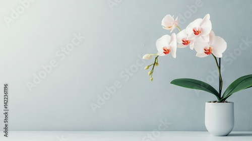   White vase with pink & white flowers on gray wall