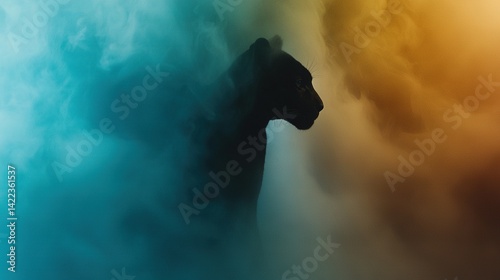 Obraz na płótnie A clear photo of a black cat's head against a blue-yellow background with clouds in the foreground w salonie