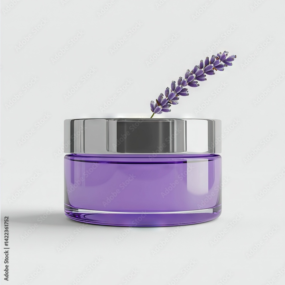 Purple jar with purple flower and silver lid on white background