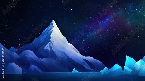   A night scene featuring majestic mountains, sparkling stars, and a sky illuminated by countless celestial bodies
