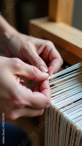 Close-up of hands weaving on a loom with wooden frame.