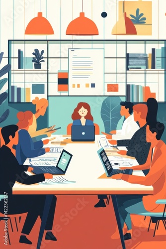 'Professional team meeting around boardroom table in modern office space'