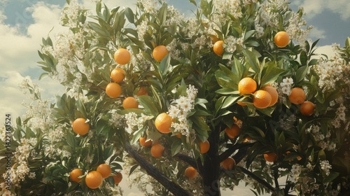 orange tree in blossom, flowers and fruits