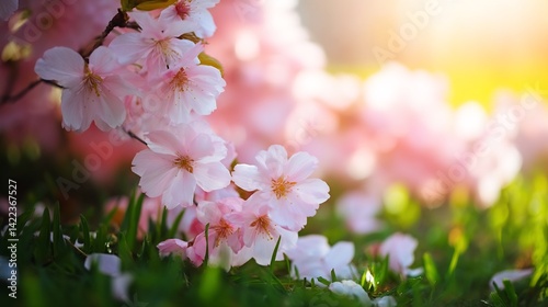 Stunning soft pink cherry blossoms blooming in the warm sunlight creating a beautiful spring backdrop : Generative AI