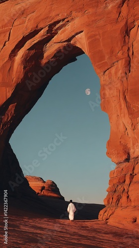 Serene view of a traveler under a natural rock arch with moon in the sky during sunset : Generative AI