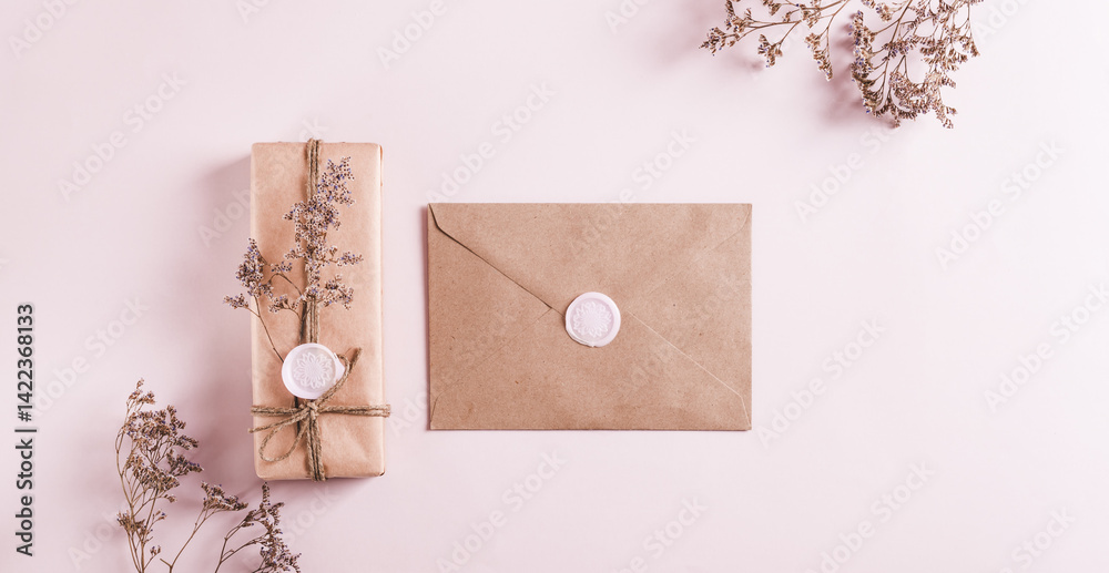 Gift in kraft paper and envelope with wax seals and dried flowers on pink top view web banner