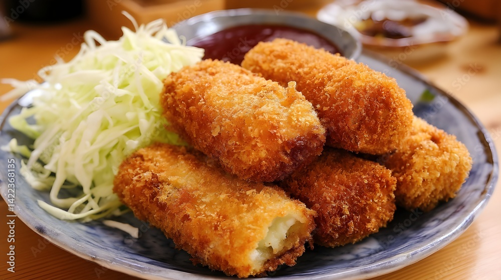 Crispy croquettes with shredded cabbage and sauce
, A plate of golden, crispy croquettes served with fresh shredded cabbage and a side of dipping sauce.
Crispy croquettes with shredded cabbage and sauce
, A plate of golden, crispy croquettes served with fresh shredded cabbage and a side of dipping sauce.