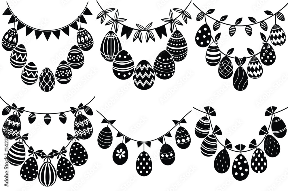 Fototapeta premium Easter Egg garland silhouette vector illustration isolated on white background.