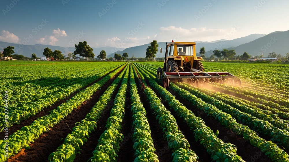 Tractor working on a lush green crop field during a bright sunny day with mountains in the background : Generative AI Tractor working on a lush green crop field during a bright sunny day with mountains in the background : Generative AI