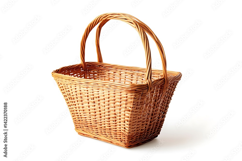 Wicker Basket with Handles, Isolated on White, Rustic Weave, Handmade Brown Container Wicker Basket with Handles, Isolated on White, Rustic Weave, Handmade Brown Container