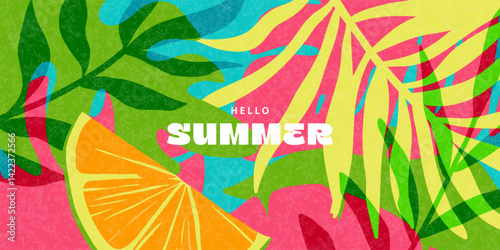 Bright summer background with tropical leaves and orange. Rich colors, abstract style. Perfect for websites, social networks and promotional materials.