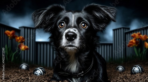 Charming Black Border Collie Posing in a Surreal Garden Landscape