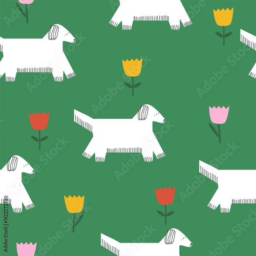Wallpaper Mural Seamless pattern with white dogs and tulips. Vector hand drawn illustration. Torontodigital.ca