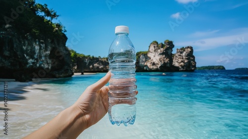 Person Holding Reusable Water Bottle Against Natural Landscape Background