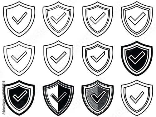 Shield with checkmark silhouette vector illustration isolated on white background.