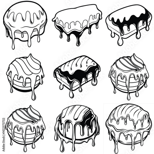 Melt dark or milk chocolate on cake top outline vector illustration isolated on white background.