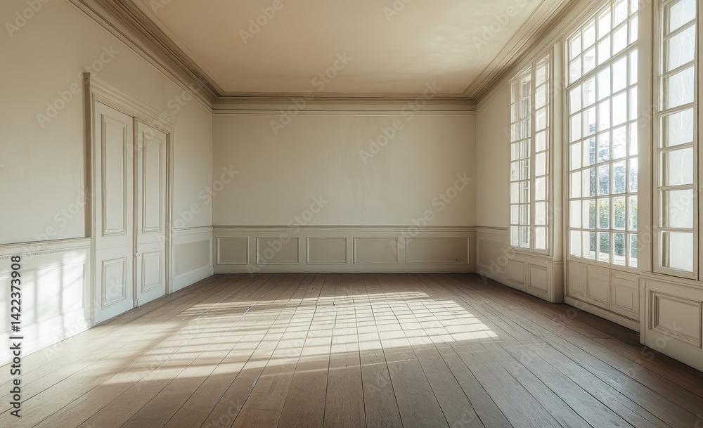 Fototapeta premium Bright and spacious empty room with wooden floors and large window illuminating natural light
