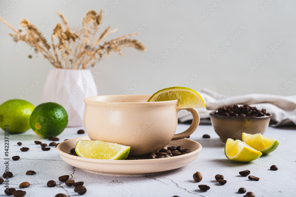 Cold coffee with lime wedges in a cup on the table