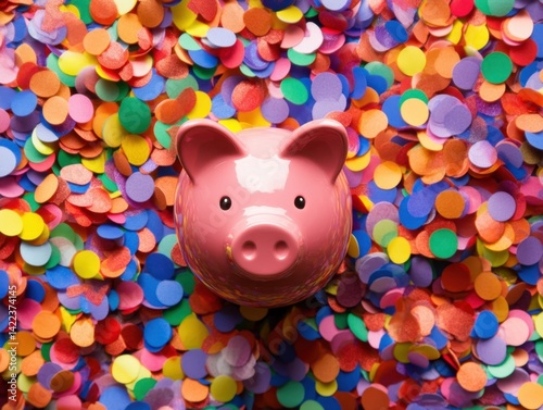 Festive savings concept with a pink piggy bank surrounded by vibrant colorful confetti overhead shot