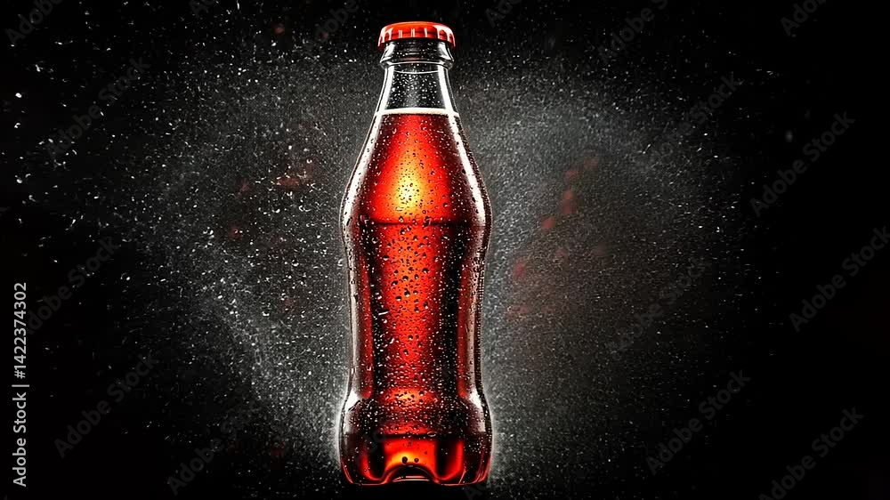 Red soda bottle with water droplets.
