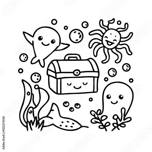 Kids' coloring page with underwater sea creatures like smiling fish, octopus, crab, seaweed, and treasure chest, black and white line art, bubbly doodle style, simple outlines and happy faces