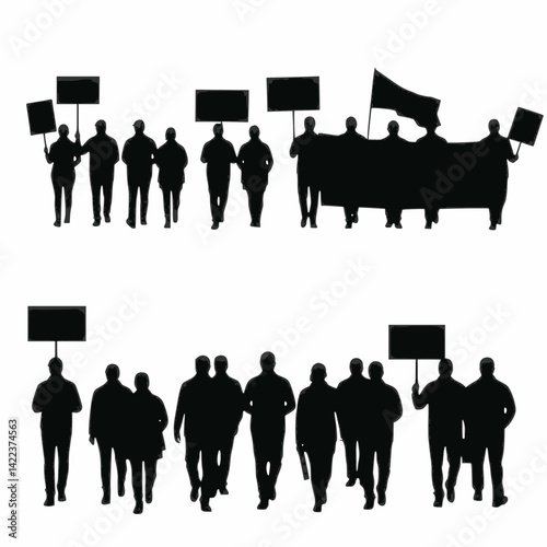 A collection of black silhouettes shows groups of people marching and holding signs and a large banner, indicating a protest or demonstration.
