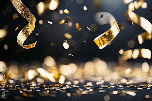 Gold confetti and streamers on dark background