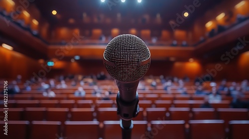 Microphone in large auditorium with blurred audience in background. Focus on public speaking and performance. Celebrating National Speech and Debate Education Day