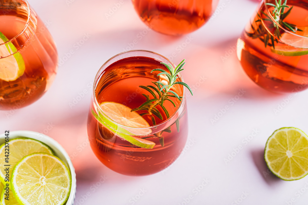 Delicious Negroni cocktail with lime and rosemary in glasses on the table