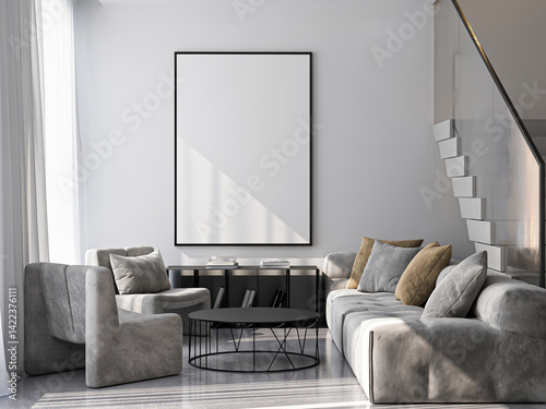 Frame mockup, ISO A paper size. Living room wall poster mockup. Interior mockup with house background. Modern interior design. 3D render
