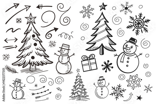 A clean vector  hand-drawn chrismas  sketch elements, including arrows, circles, swirls, scribbles, and symbols