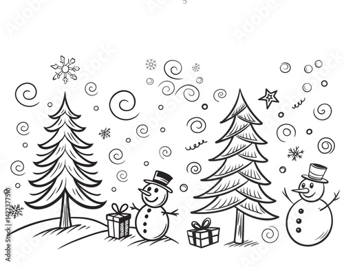 A clean vector  hand-drawn chrismas  sketch elements, including arrows, circles, swirls, scribbles, and symbols