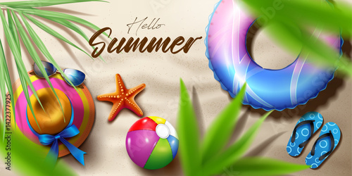 hello summer advertising and business promotion banner design top view on the beach. holiday travel objects with tropical leaves on the beach vector illustration.