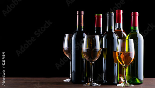 A stylish display featuring several wine bottles in different colors alongside glasses filled with white and red wine. The setup highlights the diversity of wine choices