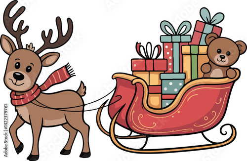 Cute Reindeer Pulling Sleigh with Gifts and Teddy Bear Clipart photo