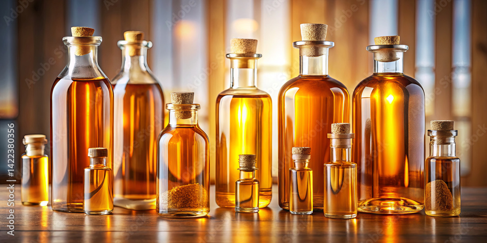 Various glass bottles filled with amber liquid are lined up on a wooden table. The warm light enhances the glow of the liquids, creating a cozy atmosphere Various glass bottles filled with amber liquid are lined up on a wooden table. The warm light enhances the glow of the liquids, creating a cozy atmosphere