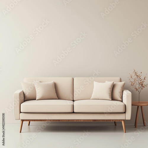 Beige Sofa with Throw Pillows Beside a Wooden Side Table with a Decorative Plant In a Contemporary Living Room.
