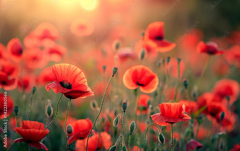 Fototapeta premium Field of blooming poppies at sunset. Nature and remembrance concept. 