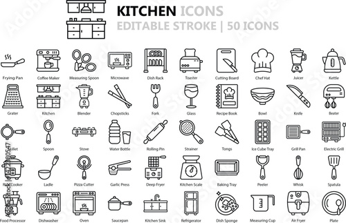 Kitchen Icon Set: 50 Culinary Outline Vector Icons in Black (EPS Included)
