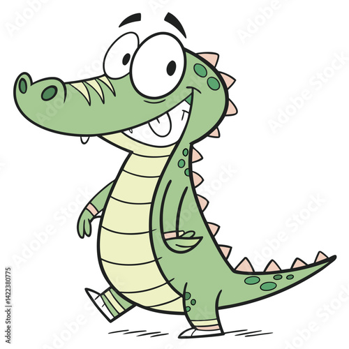 Cute green cartoon crocodile character, a funny reptile illustration with a happy smile