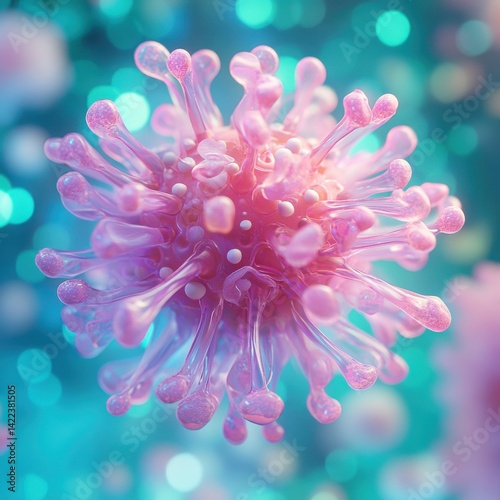 Close up of a pink virus cell with spikes on a blurred turquoise background