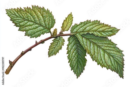 Detailed botanical illustration of branch with leaves