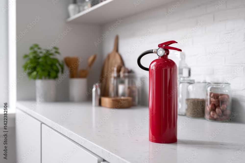 Obraz premium Close up of red fire extinguisher on kitchen counter in a modern white interior with copy space