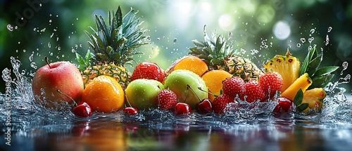 Juicy assorted fruits, splashed with water, vibrant colors