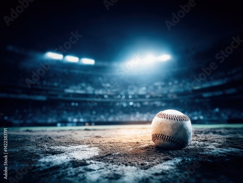 Atmospheric baseball on field with stadium lights and crowd creating a dramatic sports scene for athletic spirit and competition